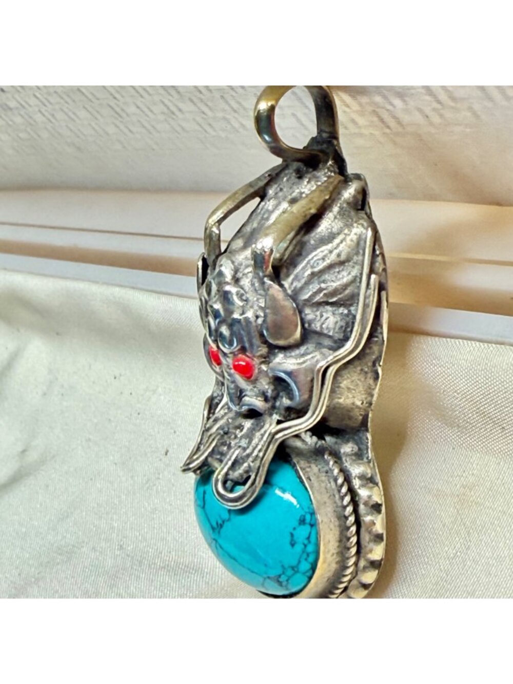 Dragon Pendant Silver Tone Blue Cabochon Red Eyes Gothic Fantasy 1.75" - Picture 11 of 11